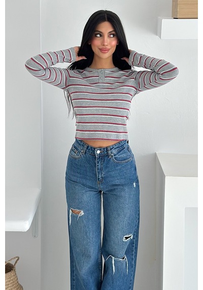 Noa & Noa Kadın Çizgili Düğme Detaylı Bluz Retro Stripe Kırmızı