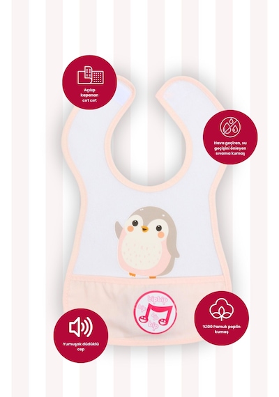 Düdüklü Cepli Sıvama Mama Önlüğü - Minik Penguen Pembe Bebek Önlüğü Açık Pembe