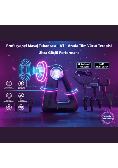 Hilda Sk-988 Profesyonel Masaj Aleti 32 Kademeli Hız 8 Başlıklı Lcd Ekranlı Derin Doku & Tüm Vücut Masaj Tabancası Siyah