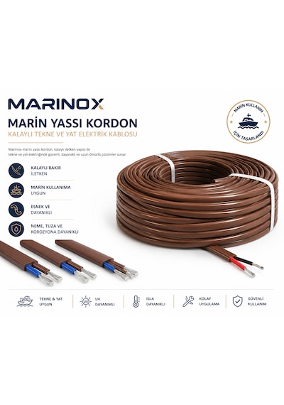 Marinox Marin Yassı Kordon Kalaylı Tekne Ve Yat Elektrik Kablosu 3x1,5 Mm² Deniz Tipi Esnek Kablo Kahverengi