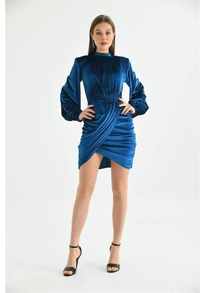 Dip Moda Kadın Mini Kadife Abiye Elbise Dpnbs9302 İndigo
