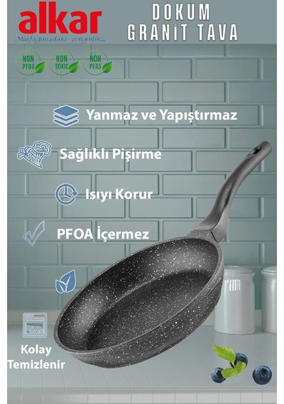 30 Cm Granit Döküm Tava Yanmaz Yapışmaz Ağır Döküm Siyah