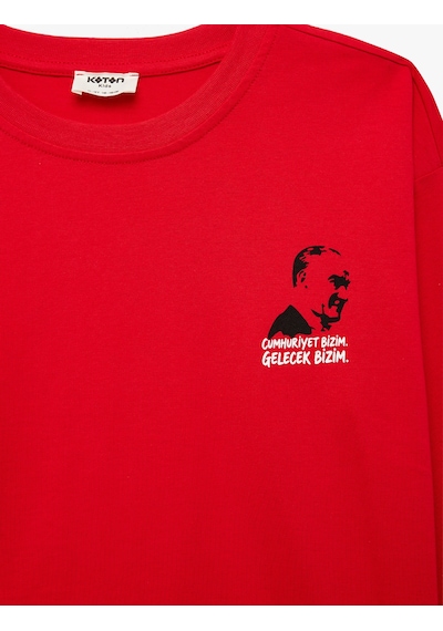 Koton Atatürk Baskılı Pamuklu Bisiklet Yaka Uzun Kollu Tişört Kırmızı 7wkb10530tk