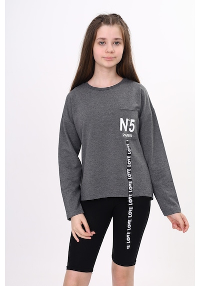 Toontoy Kız Çocuk Cep Üstü Baskılı Sweatshirt Antrasit Melanj