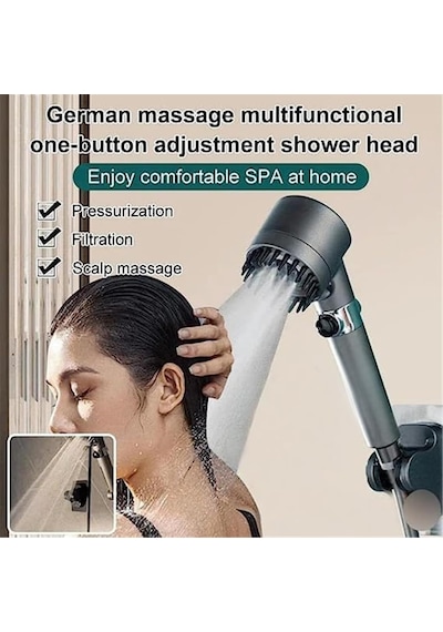 Jouis Duş Başlığı Masajlı Uçlu, Su Stop Tuşlu,filtreli 3 Fonksiyonlu El Duş,%30 Su Tasarruflu Handshower, Massa