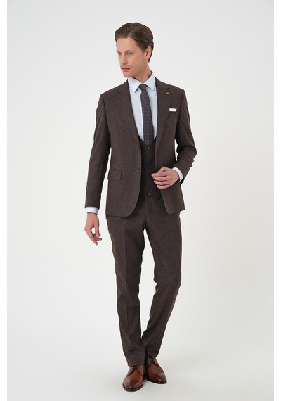 Efor Slim Fit Çift Yırtmaç Keten Karışımlı Yelekli Klasik Kahve Takım Elbise Tk 914 Kahverengi Efor Slim Fit Çift Yırtmaç Keten Karışımlı Yelekli Klasik Kahve Takım Elbise Tk 914 Kahverengi