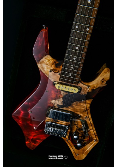Elektro Gitar X Kasa Alev Custom Epoksi & Yıllanmış Ağaç Kişiye Özel Kırmızı Şeffaf