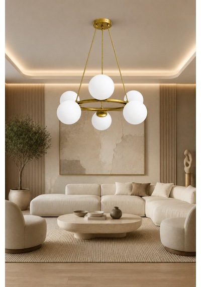 Focus 6'lı Eskitme Renk Beyaz Glob Camlı Modern Sarkıt Avize Oturma Odası Salon Eskitme-beyaz Eskitme-beyaz