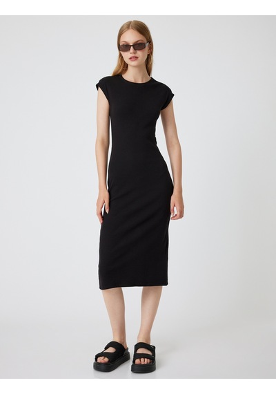 Koton Midi Slip Elbise Bisiklet Yaka Kap Kol Slim Fit Siyah 4sal80237ık Siyah