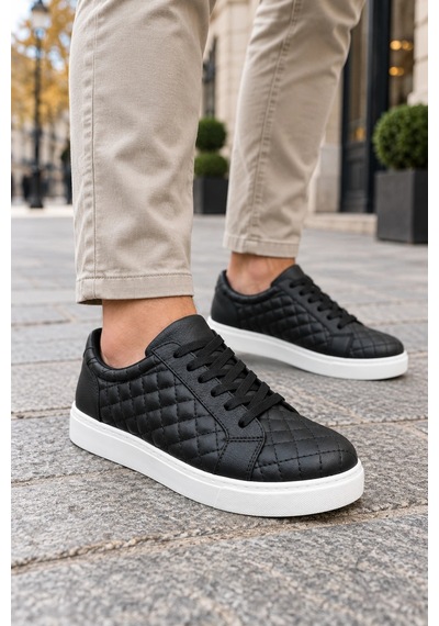 Mevese Egitserp Bağcıklı Cilt Kapitone Desenli Erkek Günlük Sneaker Ayakkabı - Siyah