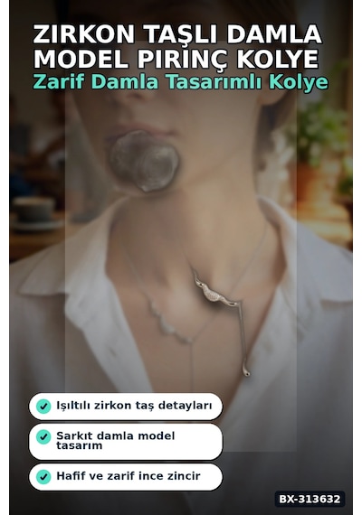 Zirkon Taşlı Damla Model Pirinç Kadın Kolyesi, 45 Cm Zincirli Gümüş Renk Takı Bx-313632 001 - Beyaz