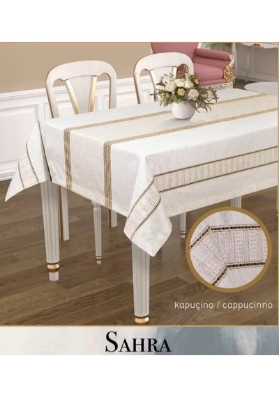 160x260 Cm Sahra Kapiçino Polyester Ajurlu Keten Masa Örtüsü Dantelli Modern Tasarım Sarı