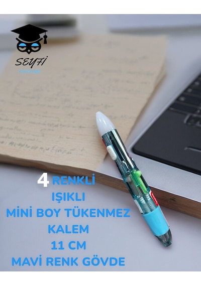 4 Renkli Işıklı Mini Boy Tükenmez Kalem 11 Cm Renkli Gövde Mavi