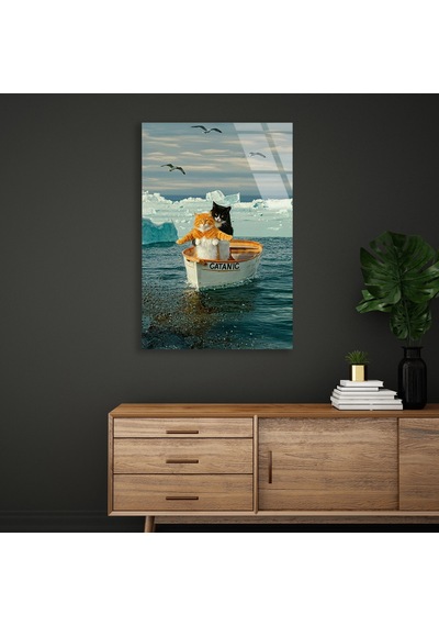 Kedi Teknede Buzdağı - Cam Tablo - Deg1568 80 X 125 Cm