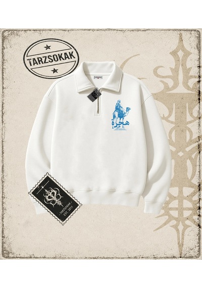 Tarzsokak Gotik & Grunge Streetwear Hıjrah Yarım Fermuarlı Sweatshirt Beyaz