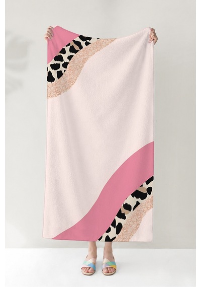 Leopar Desenli Pembe Modern Plaj Havlusu - Soyut Bohem Nude Siyah Hızlı Kuruyan Mikrofiber Havlu Çok Renkli