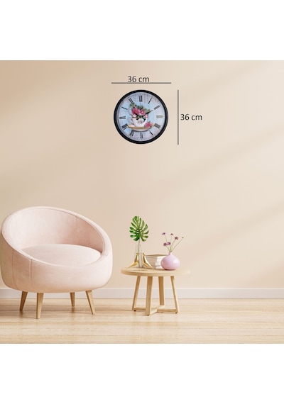 Siyah Floral Tea Cup Duvar Saati Çok Renkli