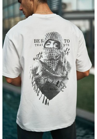 Erkek Kısa Kol Tişört Bisiklet Yaka Filistin Poşulu Baskılı T-shirt - Beyaz