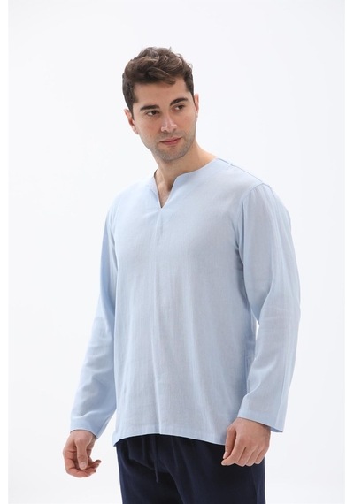 Büyük Beden Uzun Kol Şile Bezi Bisiklet Yaka Erkek Tshirt Buz Mav