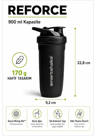 Smartshake Reforce Paslanmaz Çelik Serisi 900 Ml Siyah Protein Shaker