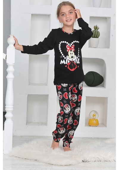 Miniğimin Cicileri Mnn Ms Kalpli Kız Çocuk Pijama Takımı - Siyah Siyah