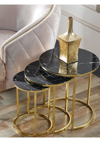 3' Lü Siyah Mermer Gold Metal Sehpa