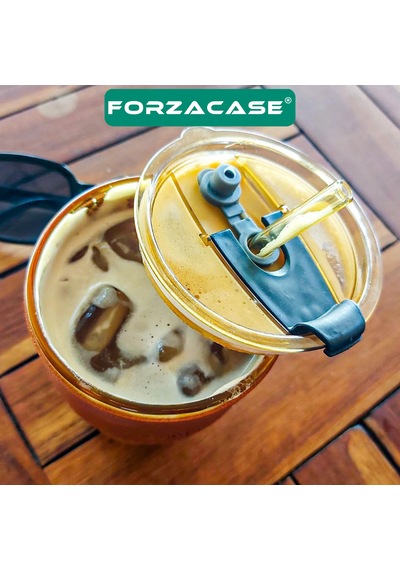 Forzacase 350ml Isıya Dayanıklı Deri Şeritli Pipetli Borosilikat Cam Bardak Çay Kahve - Fc1141 Amber