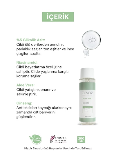 Sinoz %5 Glikolik Asitli Gözenek Sıkılaştırıcı Peeling Etkili Glow Tonik 200 ML