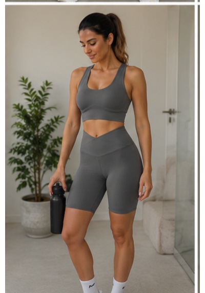 Cocosushicooo Kadın Gri Spor Takım Yüksek Bel Toparlayıcı Biker Tayt Ve Sırt Detaylı Spor Büstiyer