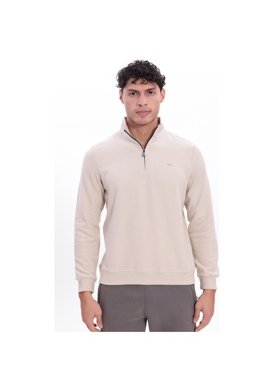 Rowinger Yarım Fermuarlı Dik Yaka Selanik Örme Erkek Sweatshirt Beıge