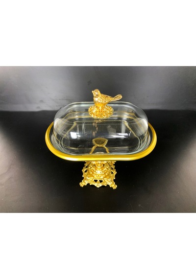 Elta Collection Kuş Figürlü Gold Metal Kristal Ayaklı Sunumluk Tereyağlık Peynirlik Kahvaltılık Gold