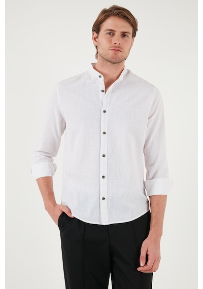 Buratti Keten Görünümlü Pamuklu Regular Fit Hakim Yaka Erkek Gömlek Cf25S112637 Beyaz