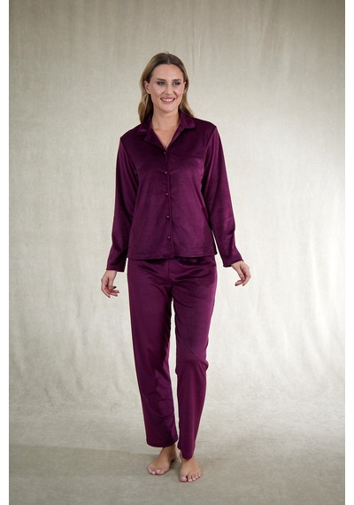 Estiva Kadın Önden Düğmeli Kadife Pijama Takımı MÜRDÜM