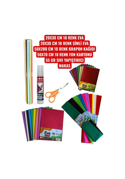 20x30 Cm 10 Renk Eva 20x30 Cm 10 Renk Simli Eva 50x200 Cm 10 Renk Krapon Kağıdı 50x70 Cm 10 Renk Fon Kartonu 55 Gr Sıvı Yapıştırıcı Makas