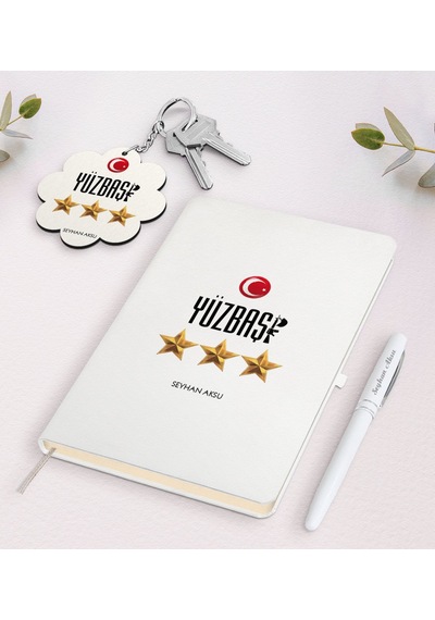Kişiye Özel Yüzbaşı Beyaz Defter Kalem Ve Anahtarlık Seti