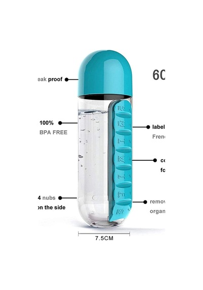 İlaç Saklama Kutusu Matara Suluk 600ml 7 Gün Hap Kutusu Organizer Spor Sızdırmaz Su Şişesi Bardak