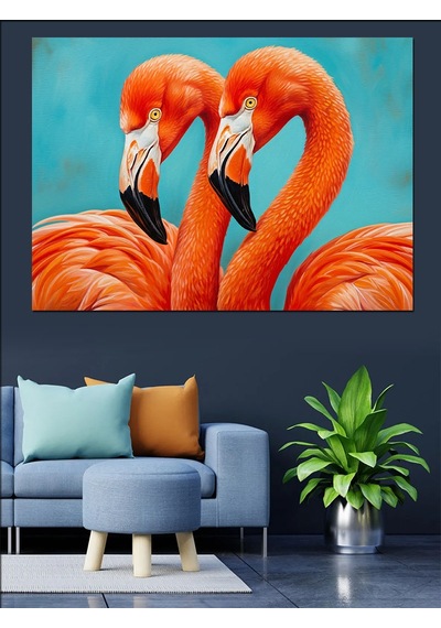 Turuncu Flamingo Kuş Çifti Dekoratif Kanvas - Mdf Ahşap Tablo