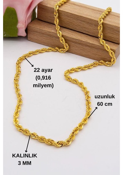 22 Ayar Altın 3mm Kalınlık Halat 60 Cm Uzunluk Kadın Zincir Lznc1025