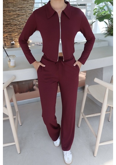 Kechi Woman Oysho Kumaş Polo Yaka Çift Fermuarlı Takım Bordo