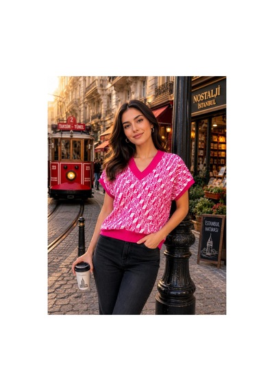 Hira Life Fashion Sfg Life Moda Kadın V Yaka Kare Desenli Şık Süveter Pembe Pembe