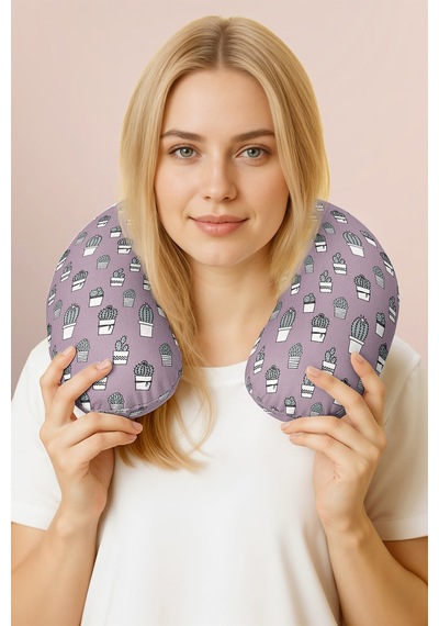 Kaktüs Desenli Ergonomik Boyun Yastığı - Modern Pastel Lila Yeşil Seyahat Yastığı Açık Ayışığı Şarap