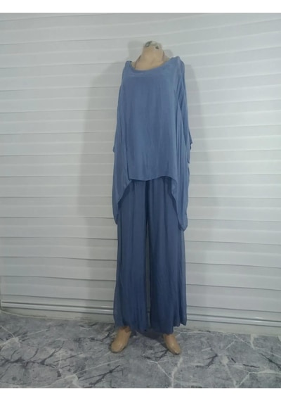 Bohem Stil İtalyan Yarasa Kol İpek Bluz-8869 İndigo Mavi
