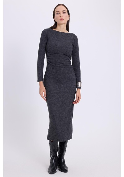 Tudors Kadın Slim Fit Dar Kesim Bisiklet Yaka Antrasit Elbise-41644 Antrasit