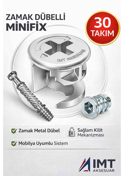 İmt Aksesuar Zamak Metal Dübelli Minifix Gövde Mil Ve Dübel Seti - Mobilya Ve Dolap Bağlantı Elemanı 30 Takım Metalik