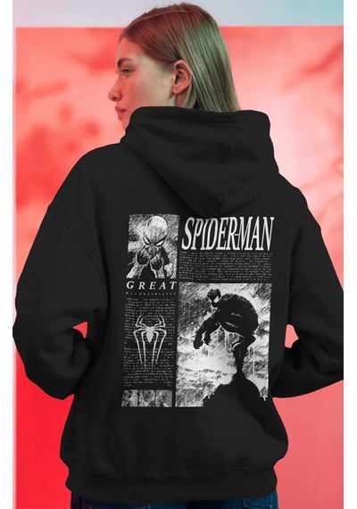 Sevbano Spider-man Örümcek Adam Süper Kahraman Film Sırt Baskılı Unisex O Siyah