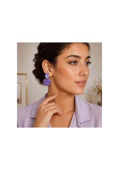 Mor Oval Taşlı Gold Detaylı Kadın Küpe Yuvarlak Sallantılı Şık Küpe Mor - 887987632 Mor - 887987632 Mor