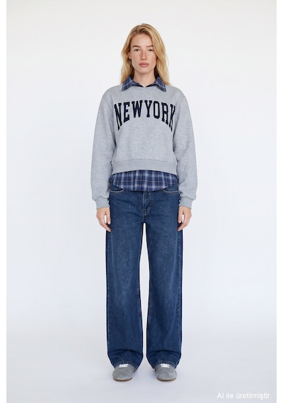 Quzu Ekose Garnili New York Yazılı Oversize Sweatshirt Grimelanj