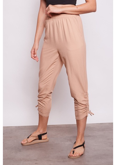 JUMENT İç Göstermez Viskon Poplin Beli Lastikli Cepli Paçası Büzgülü Rahat Pantolon -açık Camel A.camel