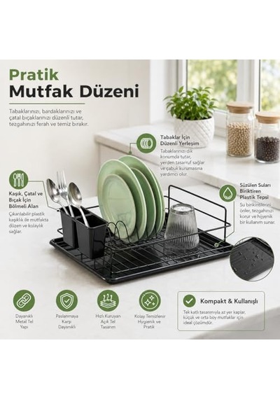 Alper Banyo Ömür Boyu Paslanmaz Siyah Bulaşıklık Bulaşık Süzgeci Tek Katlı Tabaklık Termo Plastik Kaplama 50 x 22