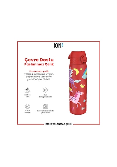 Ion8 - Paslanmaz Çelik İnce Suluk - Kırmızı Unicorn - 600 Ml - Sızdırmaz Çok Renkli